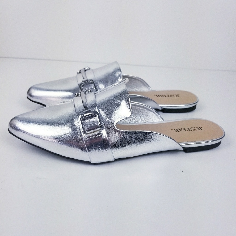 JustFab metallic silver slides Hailey